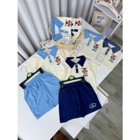 Bộ đồ cotton bé trai cổ bẻ Nice gấu siêu mát thoáng khí mùa hè 10-28kg