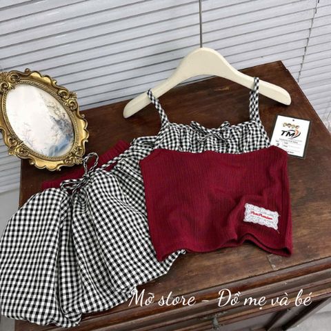 Set áo hai dây phối kẻ mix chân váy bí bồng dễ thương ulzzang hàn quốc mùa hè mát mẻ hottrend
