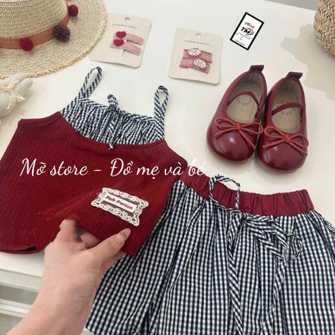 Set áo hai dây phối kẻ mix chân váy bí bồng dễ thương ulzzang hàn quốc mùa hè mát mẻ hottrend