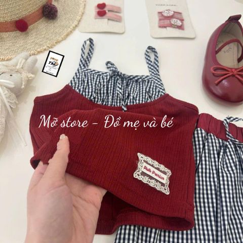 Set áo hai dây phối kẻ mix chân váy bí bồng dễ thương ulzzang hàn quốc mùa hè mát mẻ hottrend