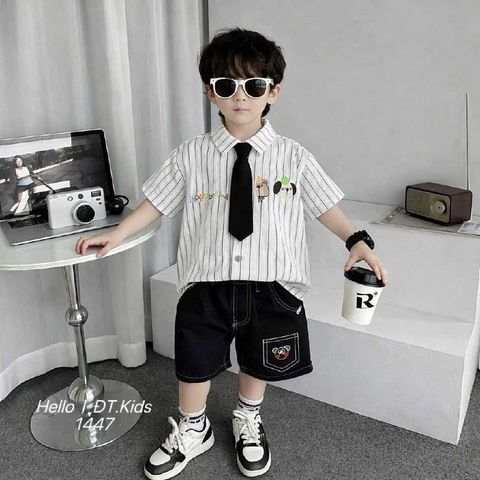 Áo sơ mi chó kẻ kèm quần kaki dễ thương cho bé trai phong cách hàn quốc mùa hè 8-20kg kèm ảnh thật mát mẻ