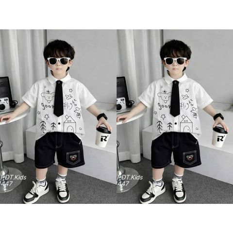 Áo sơ mi chó kẻ kèm quần kaki dễ thương cho bé trai phong cách hàn quốc mùa hè 8-20kg kèm ảnh thật mát mẻ