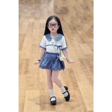Set áo sơ mi kẻ cổ sen cotton kèm chân váy đũi nơ tầng xinh xắn điệu đà vintage hàn quốc mùa hè cho bé gái