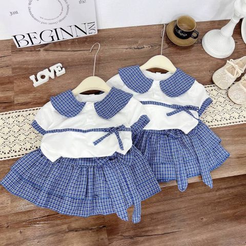 Set áo sơ mi kẻ cổ sen cotton kèm chân váy đũi nơ tầng xinh xắn điệu đà vintage hàn quốc mùa hè cho bé gái
