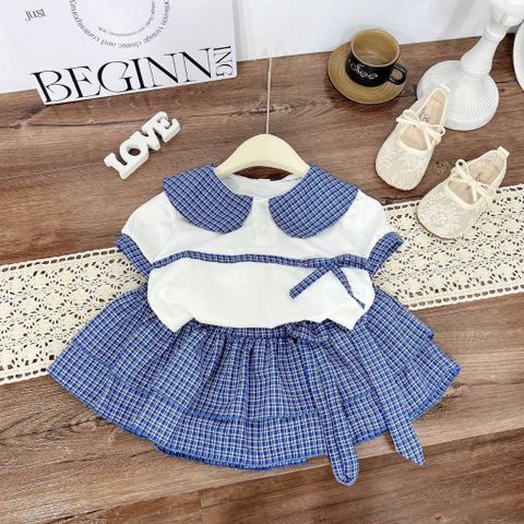 Set áo sơ mi kẻ cổ sen cotton kèm chân váy đũi nơ tầng xinh xắn điệu đà vintage hàn quốc mùa hè cho bé gái