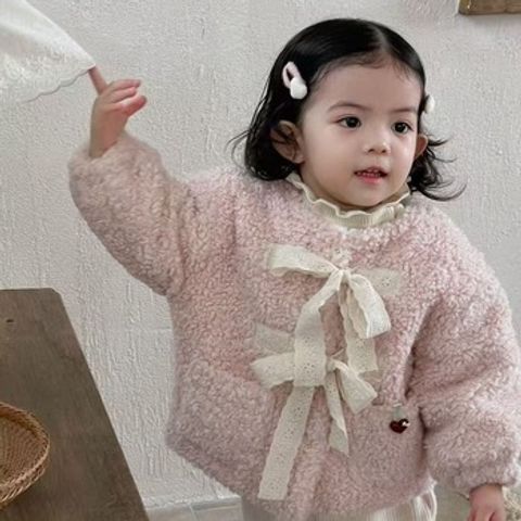 Hàng QC Áo khoác lông cừu phối dây nơ ren xinh xắn ulzzang hàn quốc mùa đông ấm áp dày dặn hàn quốc cho bé gái