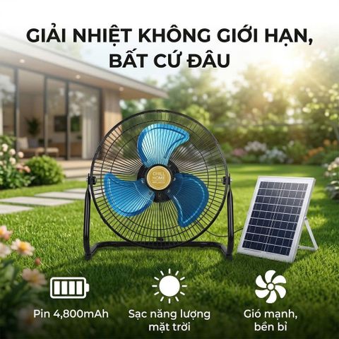 Quạt sàn tích điện CHILL HOME, pin 4800mAh, kèm panel NLMT, lồng & cánh kim loại