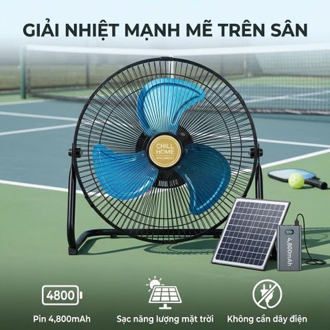 Quạt sàn tích điện CHILL HOME, pin 4800mAh, kèm panel NLMT, lồng & cánh kim loại