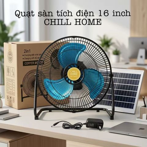 Quạt sàn tích điện CHILL HOME, pin 4800mAh, kèm panel NLMT, lồng & cánh kim loại