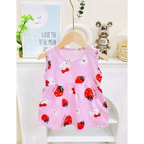 Váy đầm ba lỗ lanh tole họa tiết dâu thỏ cute đáng yêu mát mẻ mùa hè cho bé gái