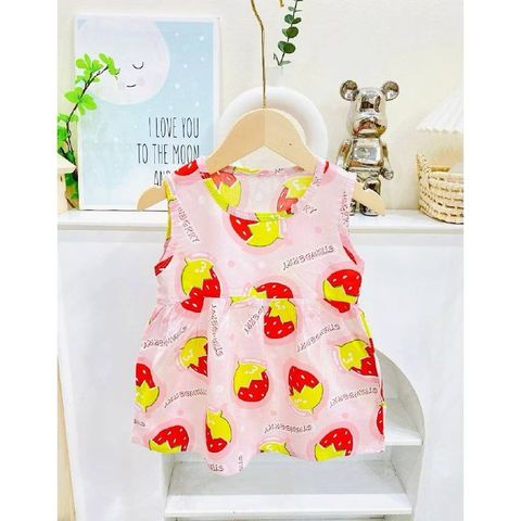 Váy đầm ba lỗ lanh tole họa tiết dâu thỏ cute đáng yêu mát mẻ mùa hè cho bé gái