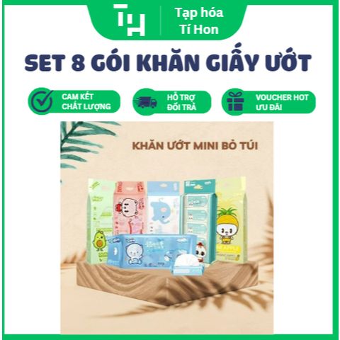 Set 8 Gói Khăn giấy ướt mini dễ thương bỏ túi tiện lợi (Màu ngẫu nhiên) (TH153)