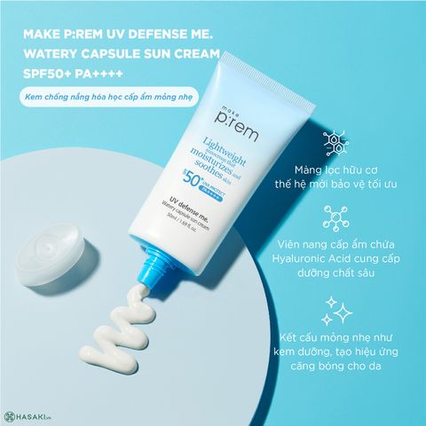 Kem Chống Nắng Hóa Học Cấp Ẩm Make P:rem UV Defense Me Watery Capsule 50ml - Chống Tia UV, Cấp Ẩm Tối Ưu, Dưỡng Da Mềm Mịn
