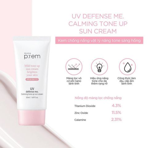 Kem Chống Nắng Nâng Tông Make p:rem UV Defense Me Calming Tone Up - SPF 50+ PA+++ Cho Da Sáng Hồng, Bảo Vệ Tia UV, 50ml