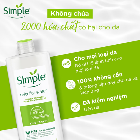 Nước Tẩy Trang Dịu Nhẹ Simple Micellar Cleansing Water 400ml - Làm Sạch Sâu, Phù Hợp Mọi Loại Da, Không Hương Liệu, Không Độc Hại