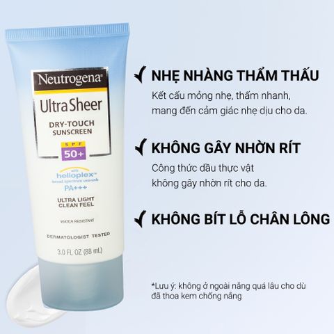 Kem Chống Nắng Neutrogena Ultra Sheer SPF 50 PA++++ 88ml - Bảo Vệ Da Toàn Diện, Dành Cho Mọi Loại Da, Không Nhờn Rít