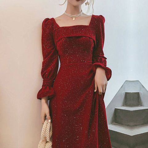 Váy nhung đỏ tay bồng cổ vuông dáng xòe mặc đi chơi đi tiệc sang chảnh cho nữ