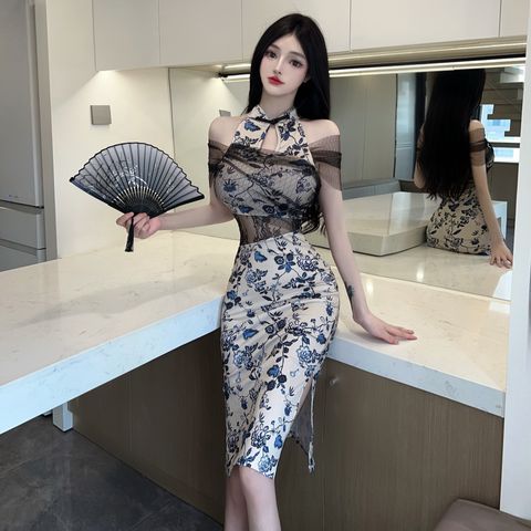 Váy đầm nữ sườn xám hoa phối voan sexy ôm sát tôn dáng quyến rũ gợi cảm cho nữ
