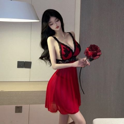Váy ngủ hai dây ren đỏ kèm quần lót sexy quyến rũ cho nữ