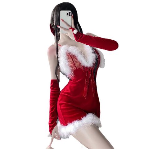 Váy ngủ đính lông ấm ấp sexy gợi cảm quyến rũ màu đỏ cho nữ