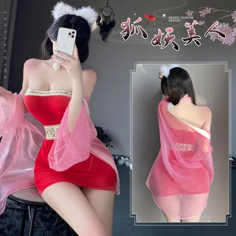 Váy ngủ cổ trang trung hoa kèm áo choàng voan xuyên thấu cho nữ