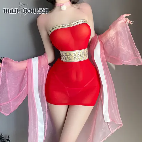 Váy ngủ cổ trang trung hoa kèm áo choàng voan xuyên thấu cho nữ