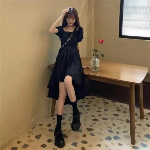 Váy kaki đen cổ vuông tay phồng cá tính dáng xòe rộng xinh xắn phong cách ulzzang hàn quốc cho nữ
