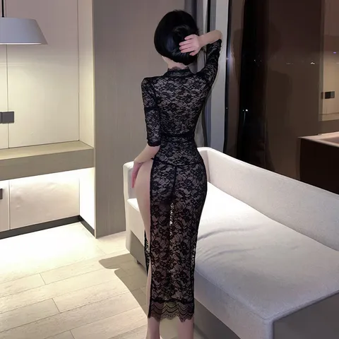 Váy ngủ voan ren hoa trễ vai xuyên thấu đen fashion thời trang phòng the mã 1123