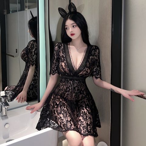 Váy ngủ ren hoa xuyên thấu sexy cổ V quyến rũ dáng xòe cho nữ kèm quần lót mã 1207