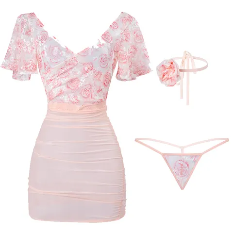 Váy ngủ hoa xuyên thấu kèm quần lót sexy quyến rũ dễ thương cho nữ