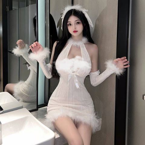 Váy ngủ len sexy quyến rũ hở ngực đính lông vũ mềm mịn màu trắng