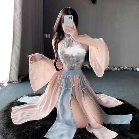 Váy yếm cổ trang voan xẻ tà thêu hoa xuyên thấu sexy gợi cảm nóng bỏng copslay trung quốc cho nữ hóa trang