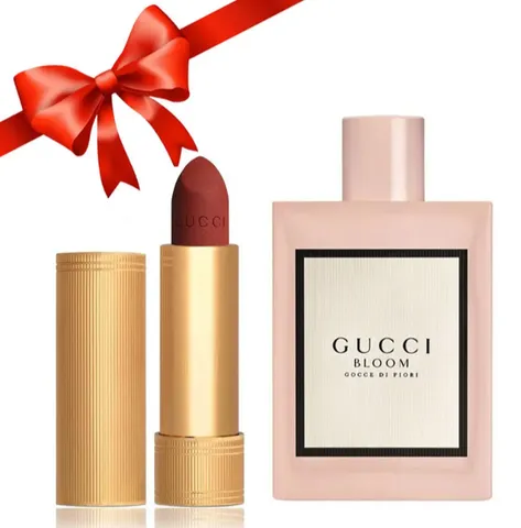 Combo Gucci Sang Trọng: Nước Hoa Bloom Gocce Di Fiori EDT 100ml & Son Lì Rouge Mat 505 Đỏ Gạch - Bộ Quà Tặng Thời Trang