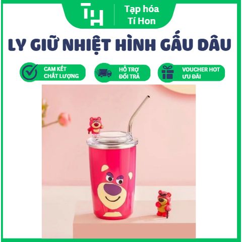 Ly giữ nhiệt hình gấu dâu kèm ống hút inox (TH223)
