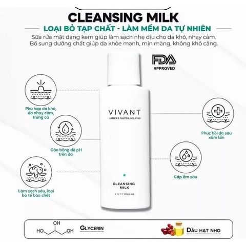 💗 Vivant Cleansing Milk Gentle Non Drying Cleanser Sữa Rửa Mặt Dưỡng Ẩm, Làm Dịu Da, Chống Oxy Hóa, Giảm Mụn