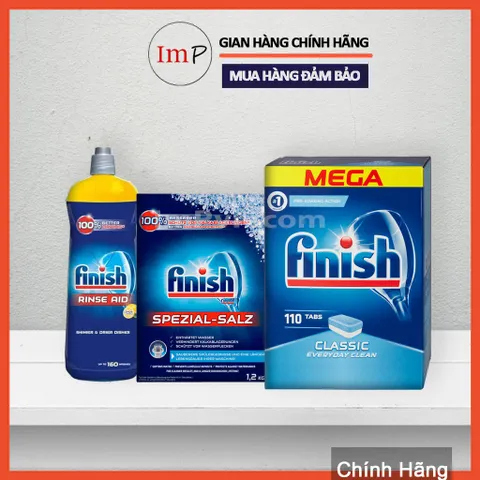 Combo viên rửa bát Finish Hộp Classic 110 viên, Muối 1.2kg, Nước làm bóng 800ml  - ImP