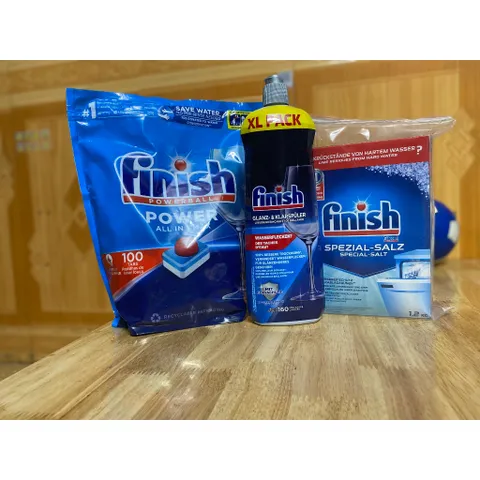 Combo Viên rửa bát Finish  All in one Max 100 viên, Muối 1.2kg, Nước làm bóng 800ml  - ImP