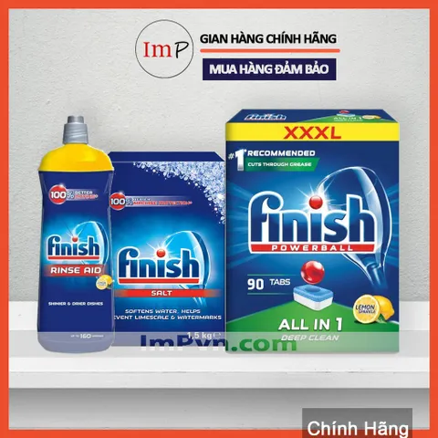 Combo Viên rửa bát Finish Hộp All in one (120 viên hoặc 90 viên), Muối 1.5kg, Nước làm bóng 800ml  - ImP