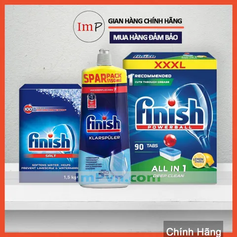 Combo Viên rửa bát Finish Hộp All in one 120 viên, Muối 1.5kg, Nước làm bóng 1150ml  - ImP