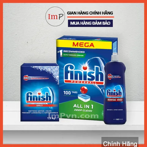 Combo Viên rửa bát Finish Hộp All in one (120 viên hoặc 90 viên), Muối 1.5kg, Nước làm bóng 800ml  - ImP