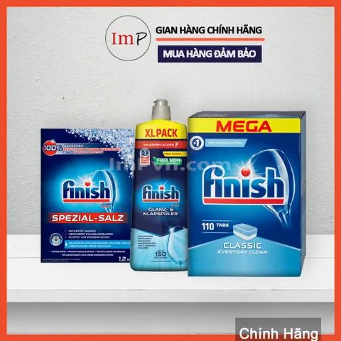 Combo viên rửa bát Finish Hộp Classic 110 viên , Muối 1.2kg, Nước làm bóng 1150ml (hoặc 750ml)  - ImP