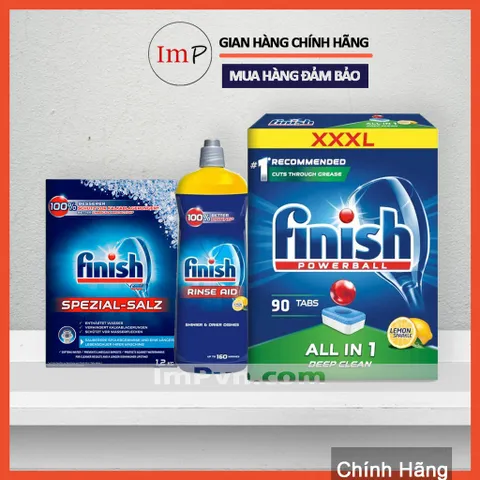 Combo Viên rửa bát Finish Hộp All in one 120 viên, Muối 1.2kg, Nước làm bóng 800ml  - ImP