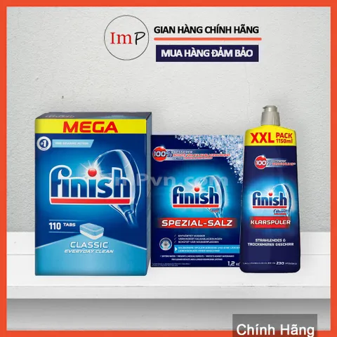 Combo viên rửa bát Finish Hộp Classic 110 viên , Muối 1.2kg, Nước làm bóng 1150ml (hoặc 750ml)  - ImP