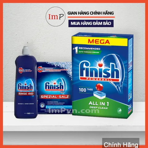 Combo Viên rửa bát Finish Hộp All in one 120 viên, Muối 1.2kg, Nước làm bóng 800ml  - ImP