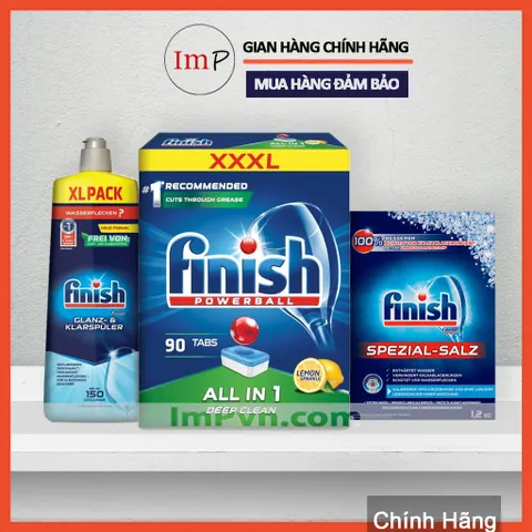 Combo rửa bát Finish Hộp All in one (120 viên hoặc 90 viên), Muối 1.2kg, Nước làm bóng 750ml  - ImP