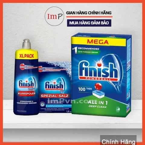 Combo rửa bát Finish Hộp All in one (120 viên hoặc 90 viên), Muối 1.2kg, Nước làm bóng 750ml  - ImP