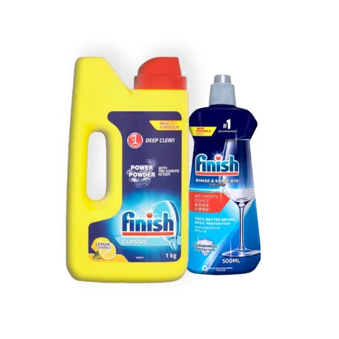 Combo Finish Bột Rửa Chén Hương Chanh Lemon Classic 1kg + Nước Làm Bóng Rinse & Shine 500ml  - ImP