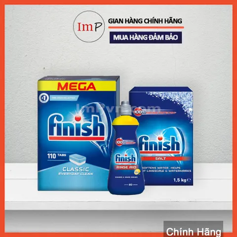 Combo viên rửa bát Finish Hộp Classic 110 viên, Muối 1.5kg, Nước làm bóng 400ml  - ImP