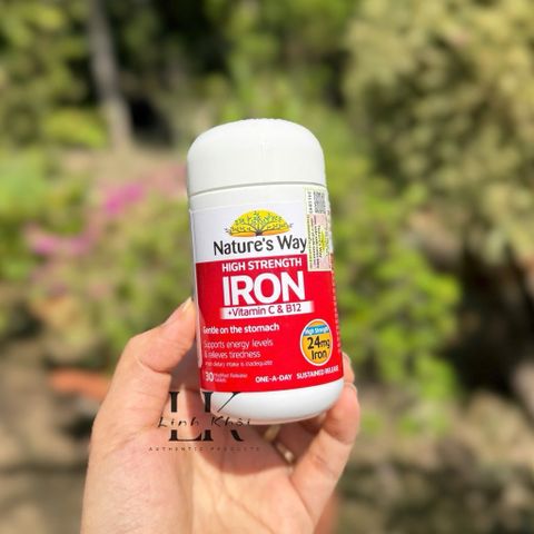 Viên uống bổ sung sắt Nature's Way Hight Strenght Iron Vitamin C & B12 30 viên.