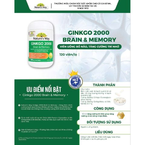 Viên uống hỗ trợ tăng cường trí nhớ Nature’s Way Ginkgo 2000 Brain & Memory 120 viên.